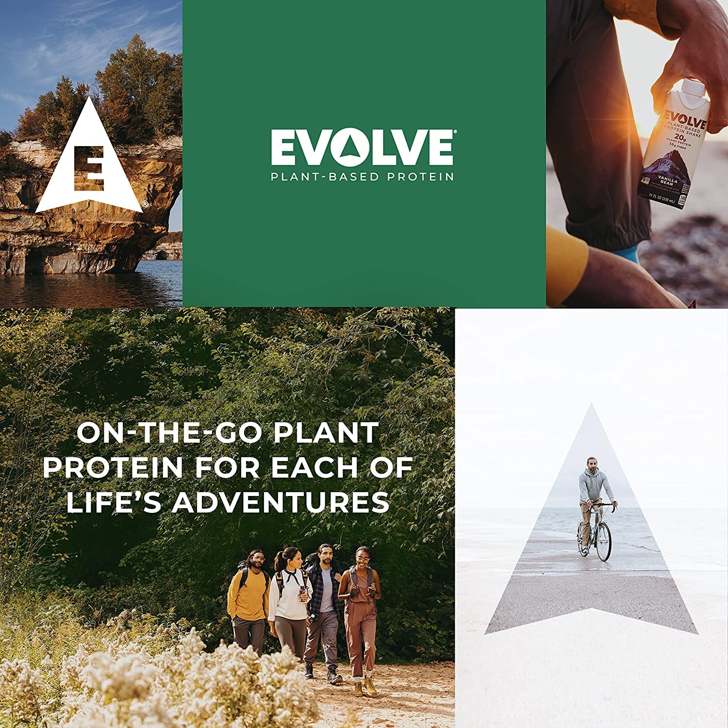Evolve dairy-free protein shake pack shot with a 12-pack display.