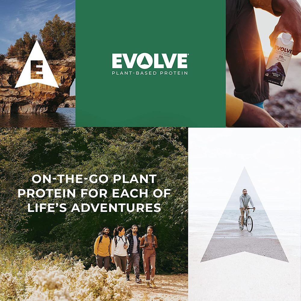 Evolve dairy-free protein shake pack shot with a 12-pack display.