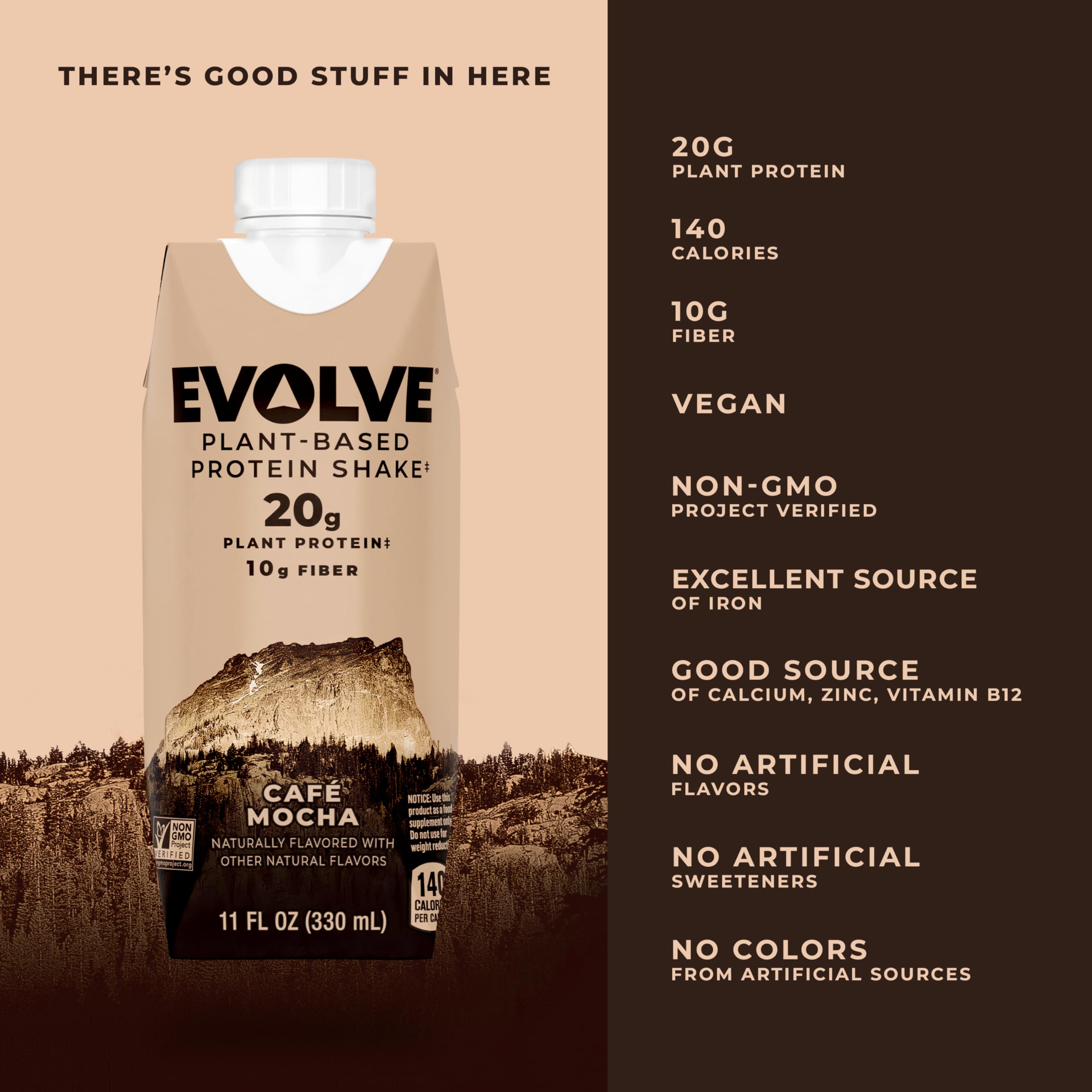 Close-up of Evolve plant-based ingredients highlighting pea protein and non-GMO sourcing.