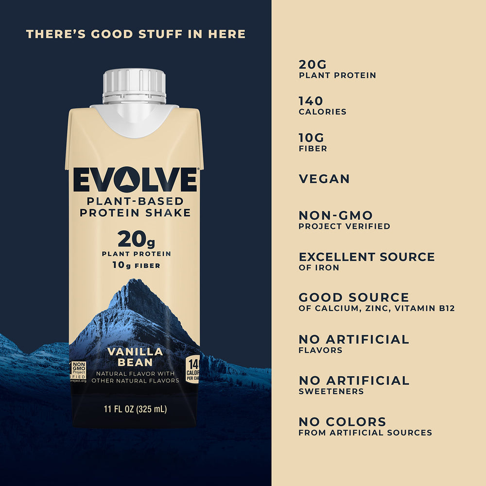 Evolve Vanilla Bean nutrition label emphasizing plant protein and fiber benefits