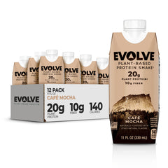 Evolve Cafe Mocha protein shake bottle for on-the-go energy, dairy-free.