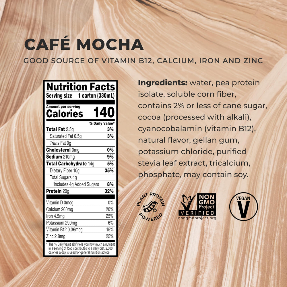 Evolve Cafe Mocha shake glass poured over ice, creamy dairy-free sip.