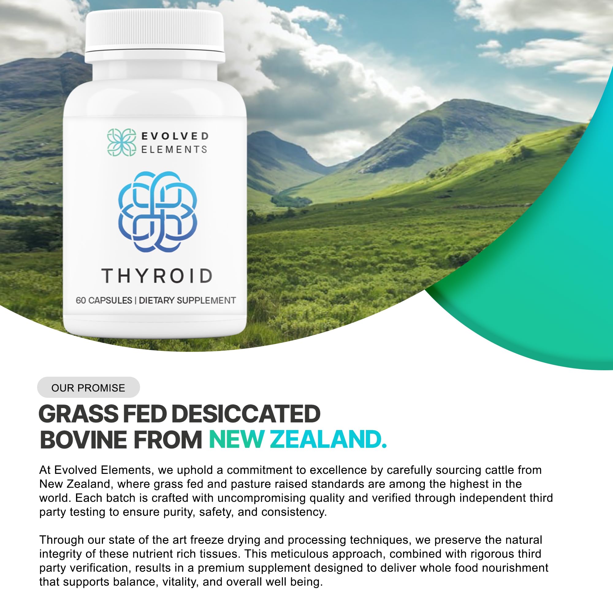 Evolved Elements Thyroid label emphasizes New Zealand origin and quality standards.