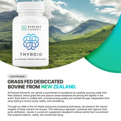 Evolved Elements Thyroid label emphasizes New Zealand origin and quality standards.