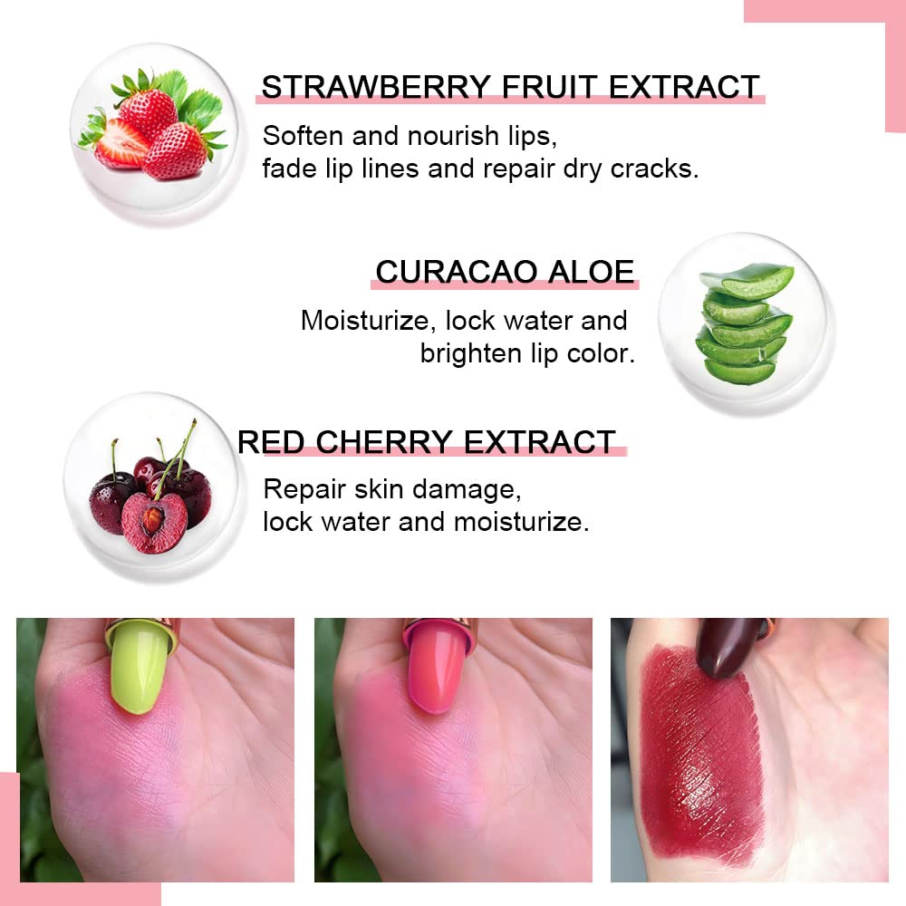 evpct color-changing lipstick swatch shows strawberry variant for moisturized lips.
