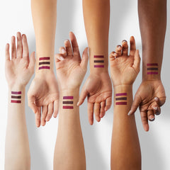 evpct lip color swatches illustrate silky texture for every occasion.