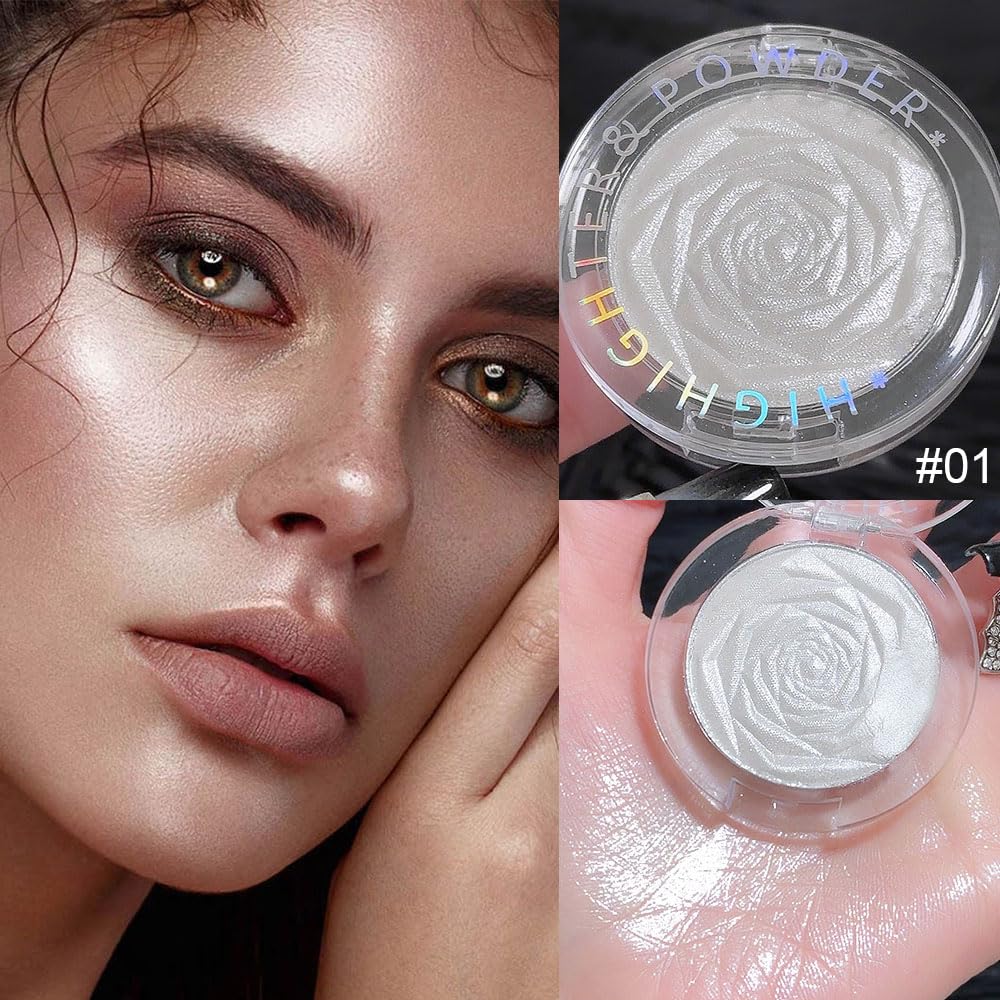 evpct Pearl White Silver highlighter palette on cheekbone adds dimension and lift