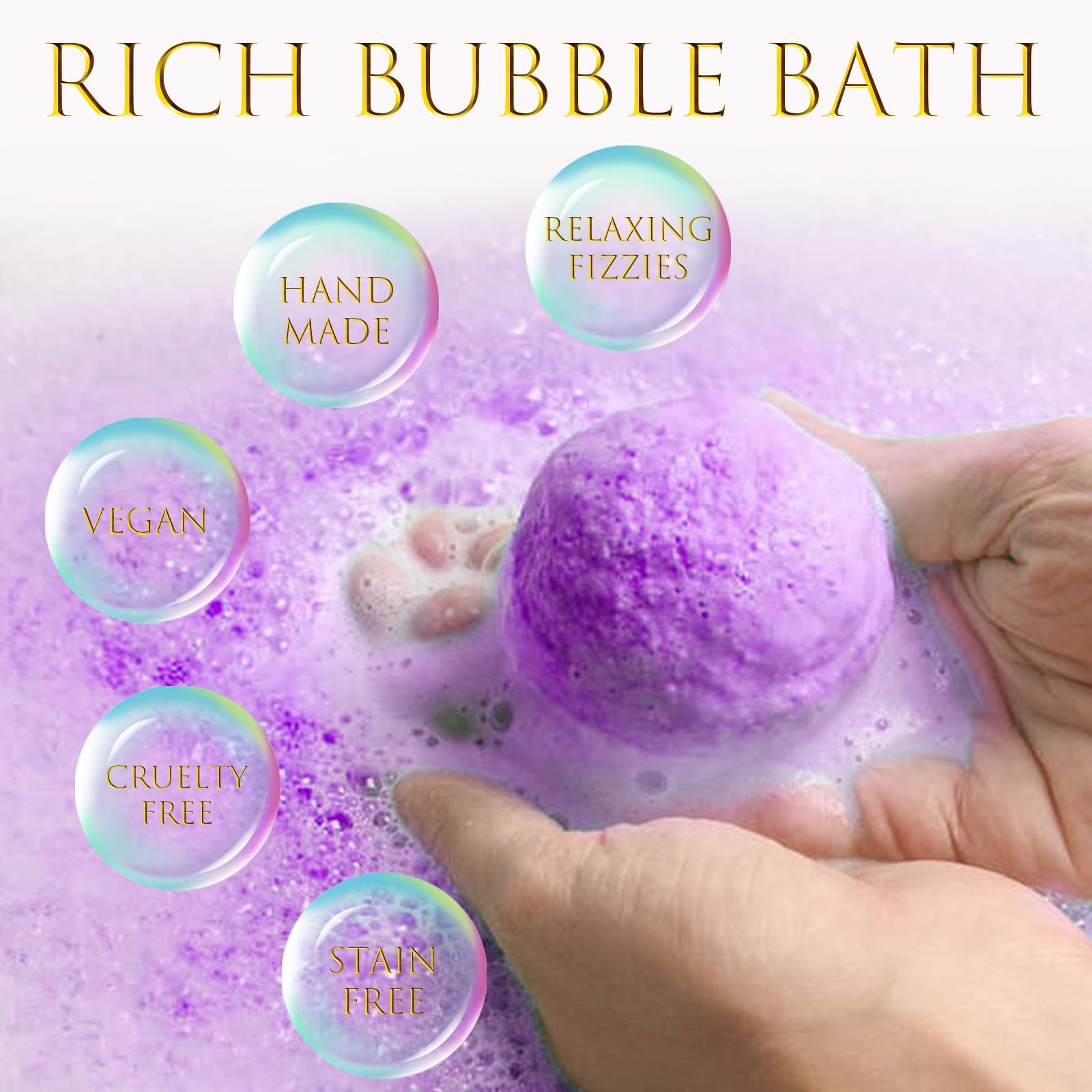 Excalla bath bombs cruelty-free note emphasizes humane ingredients.