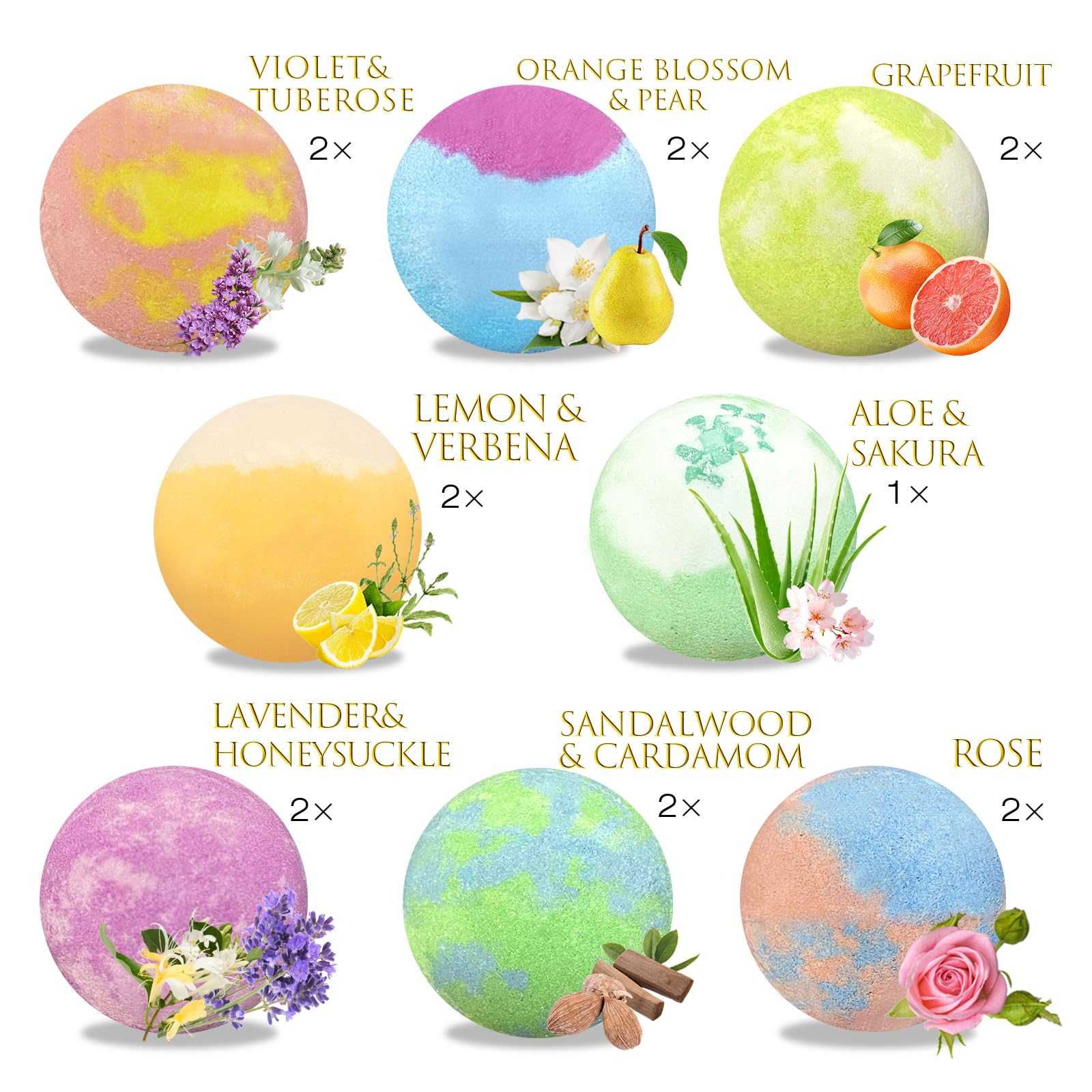 Excalla bath bombs gift set 8 fragrances display inviting aroma variety.