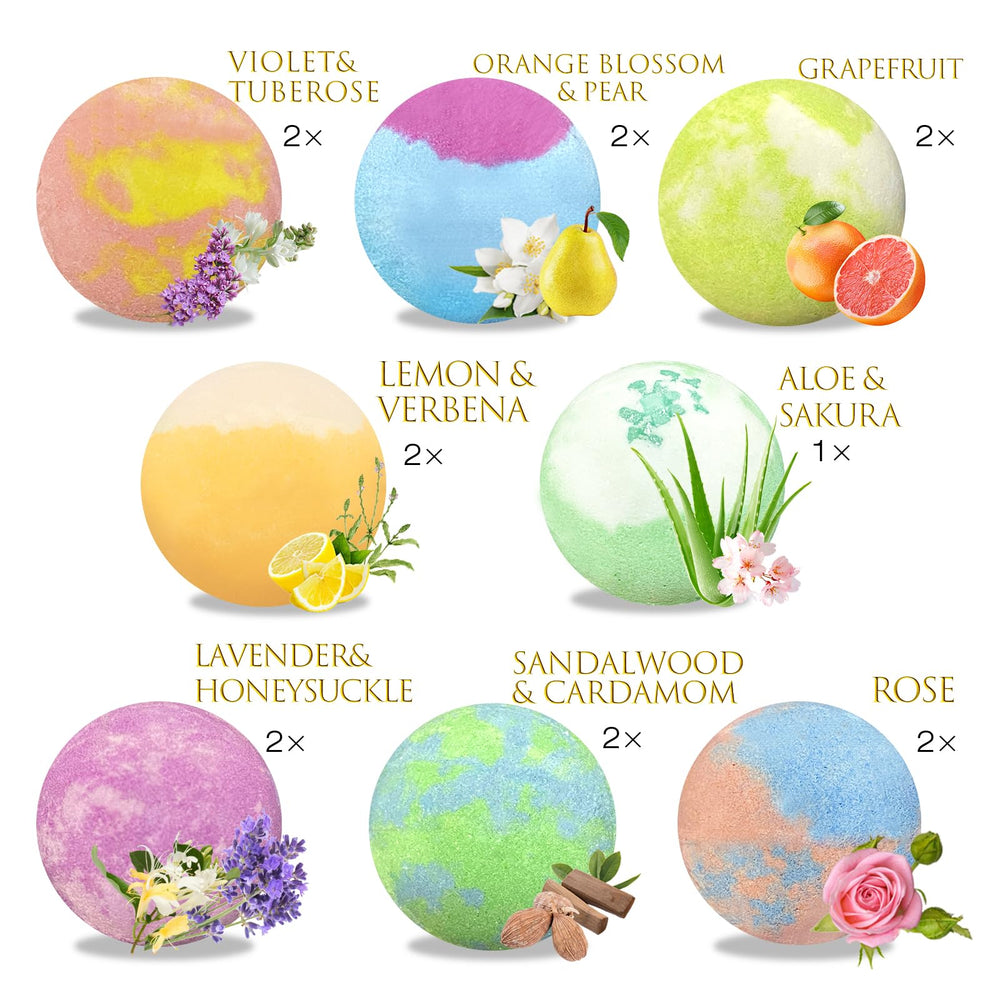 Excalla bath bombs gift set 8 fragrances display inviting aroma variety.