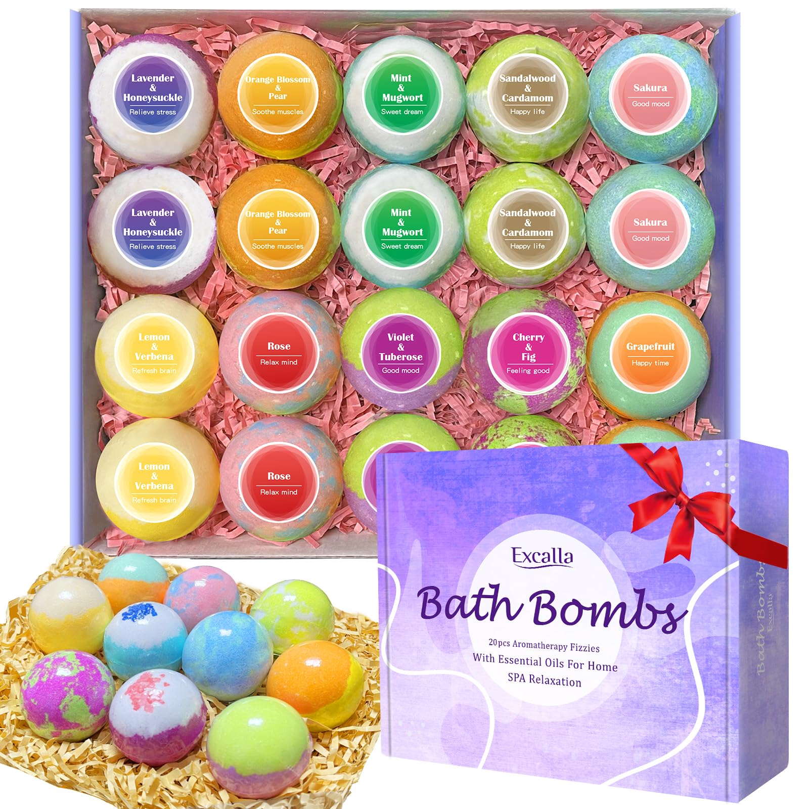 Excalla bath bombs gift set 20pcs, ideal for a relaxing bath at home.