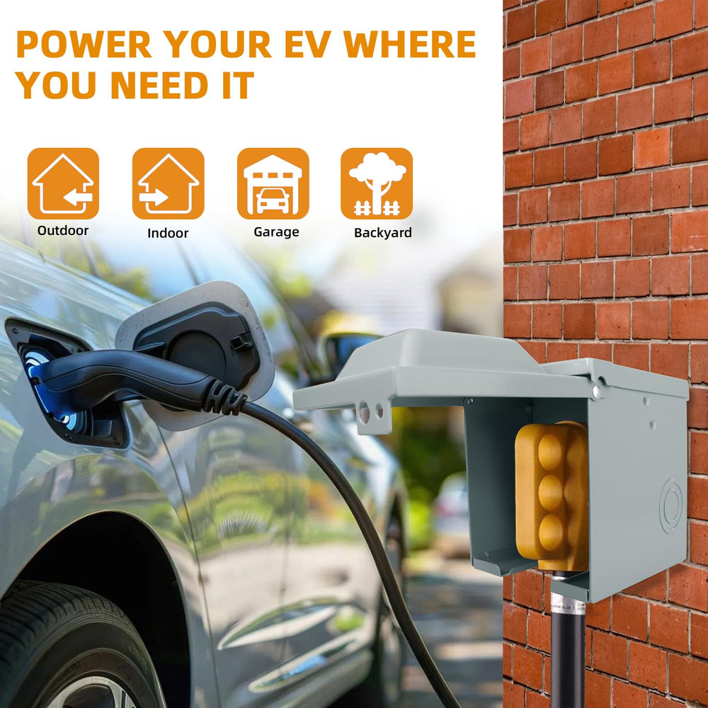EXCELFU 50 Amp EV outlet box side view highlighting rugged housing for versatile installation