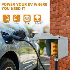 EXCELFU 50 Amp EV outlet box side view highlighting rugged housing for versatile installation