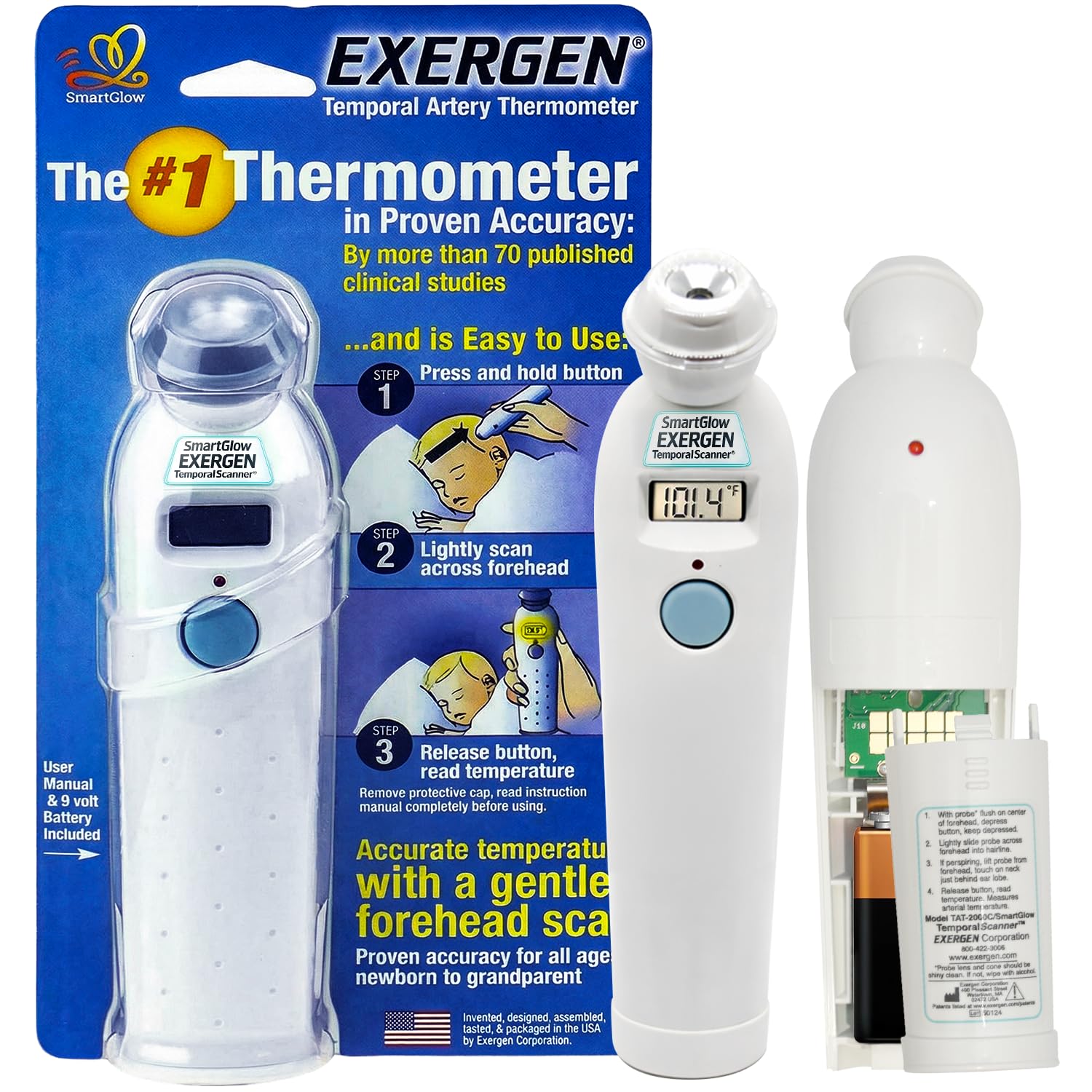 Exergen TAT-2000C forehead scan for gentle, accurate checks suitable for all ages.