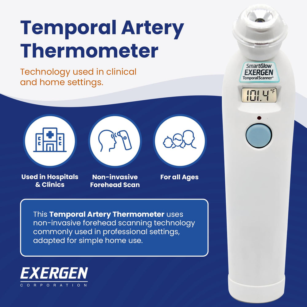 Exergen TAT-2000C travel-ready compact size fits in bags for on-the-go checks.