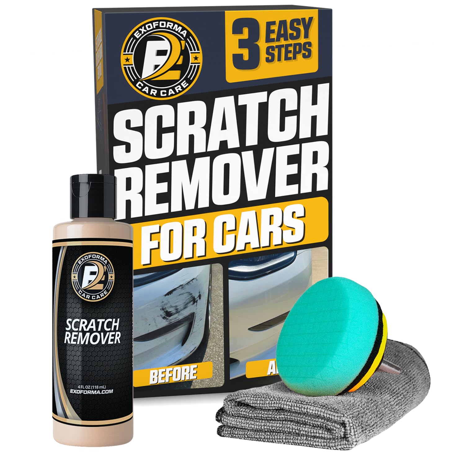 ExoForma car scratch remover kit shows 2x2 ft area application for at-home use.