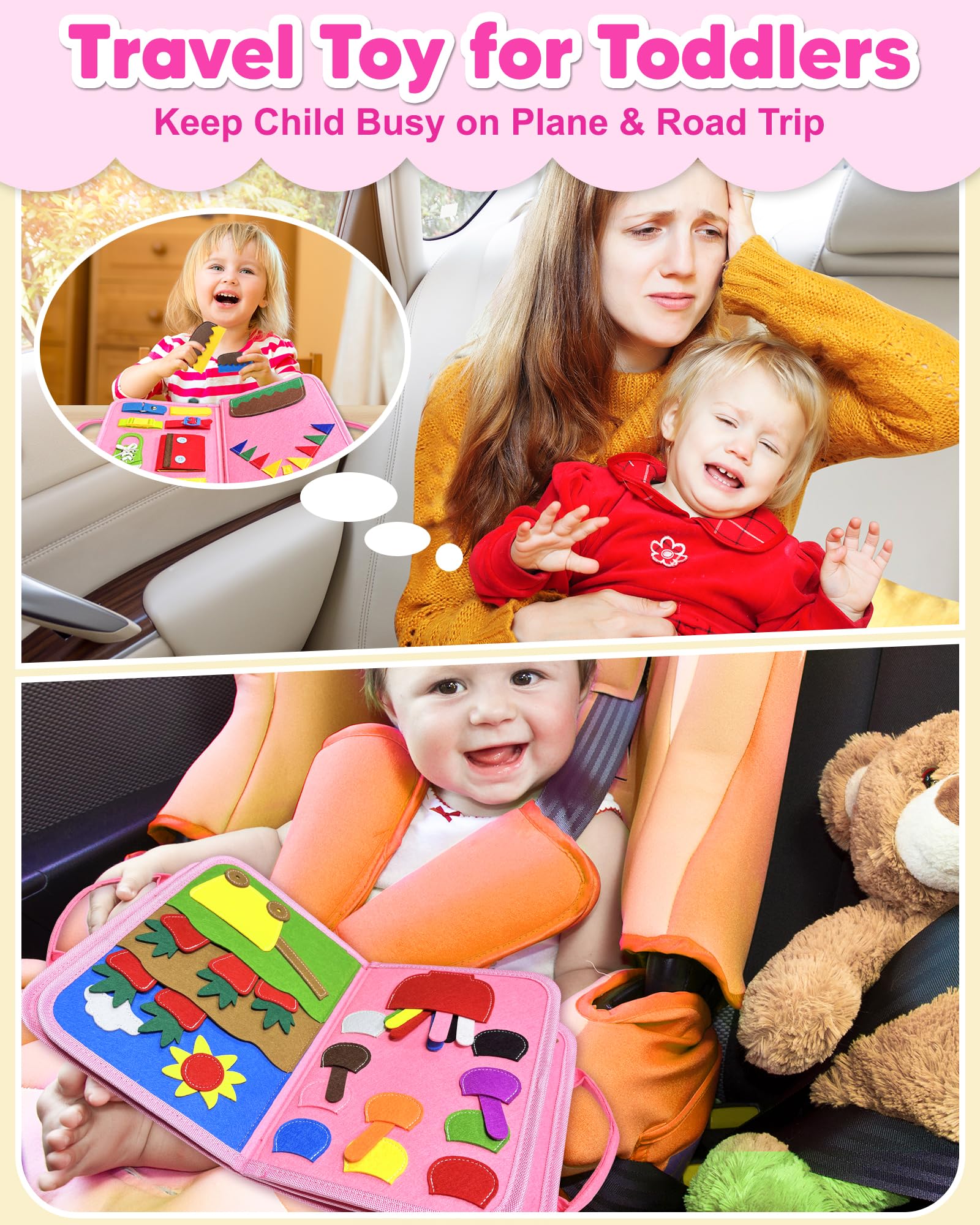 Exorany Busy Board buttons and zippers improve fine motor skills during travel.