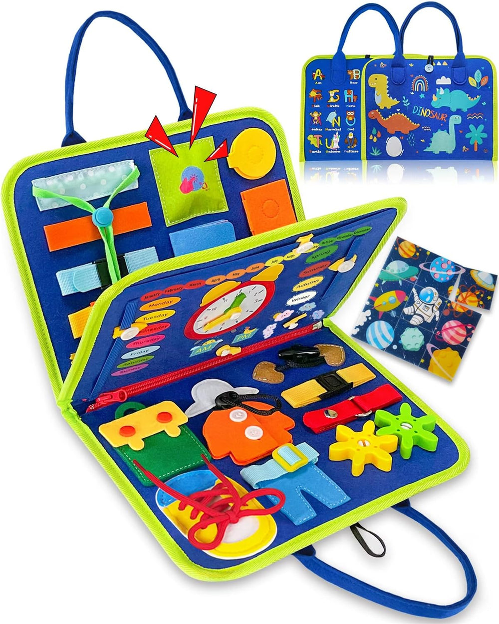 Exorany Busy Board front cover featuring animal alphabet and dinosaurs for engaging early learning.