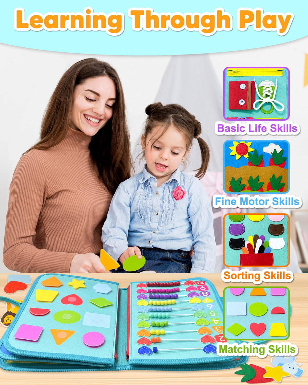 Exorany Busy Board travel-friendly: compact sensory learning toy for car or plane trips.