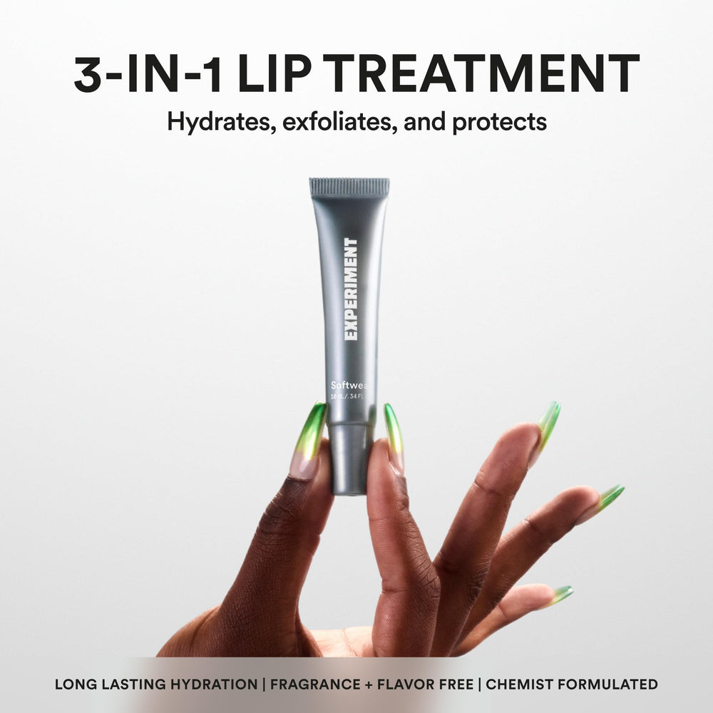 Experiment Softwear lip balm demonstrates creamy texture melting on lips.