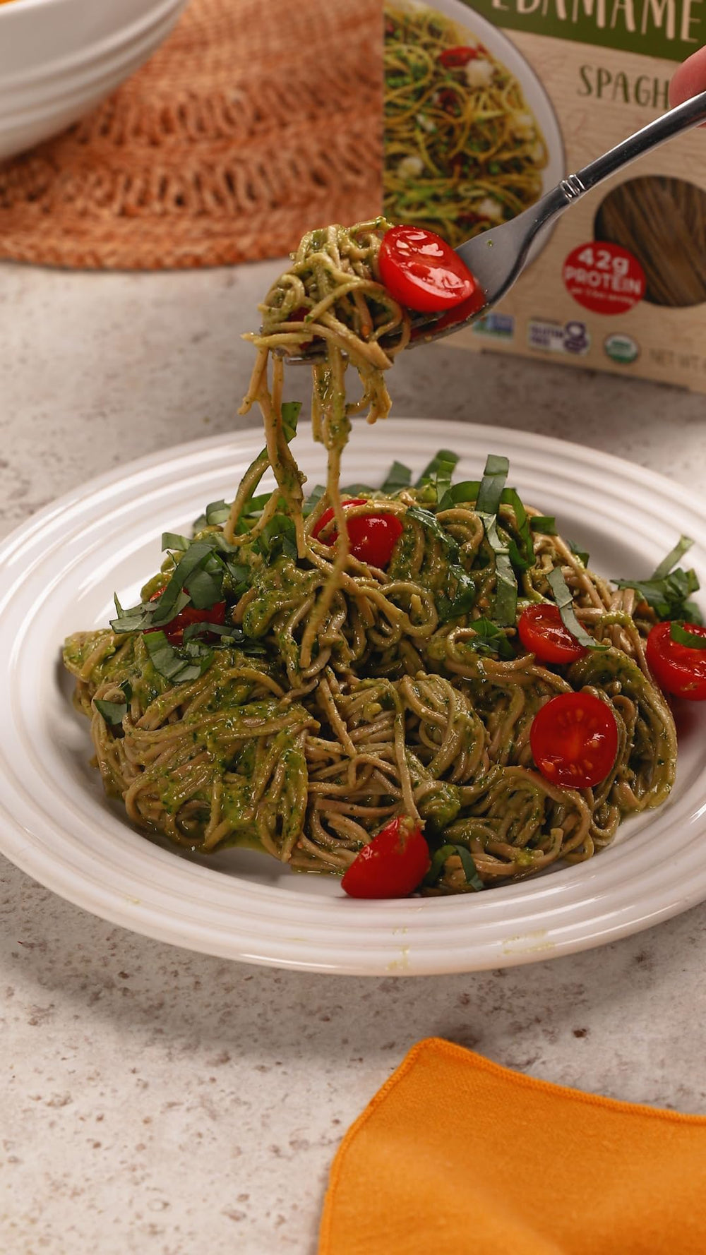EXPLORE CUISINE Edamame Spaghetti nutrition label close-up highlighting protein and fiber.