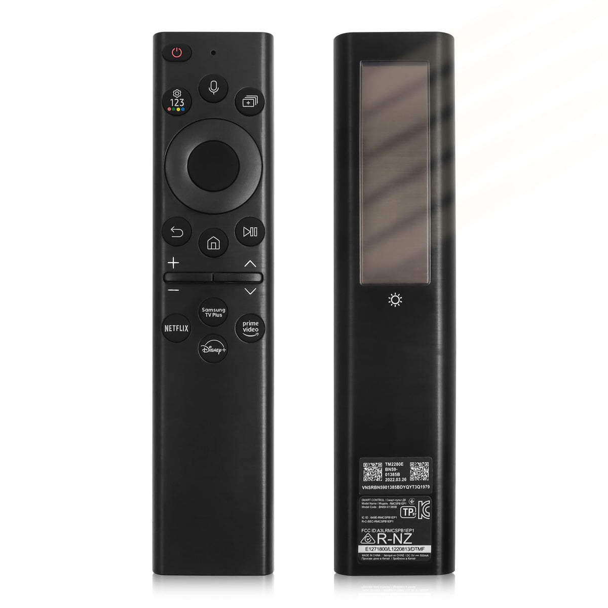 ExploreHome BN59-01385A solar remote front view with eco-friendly charging.