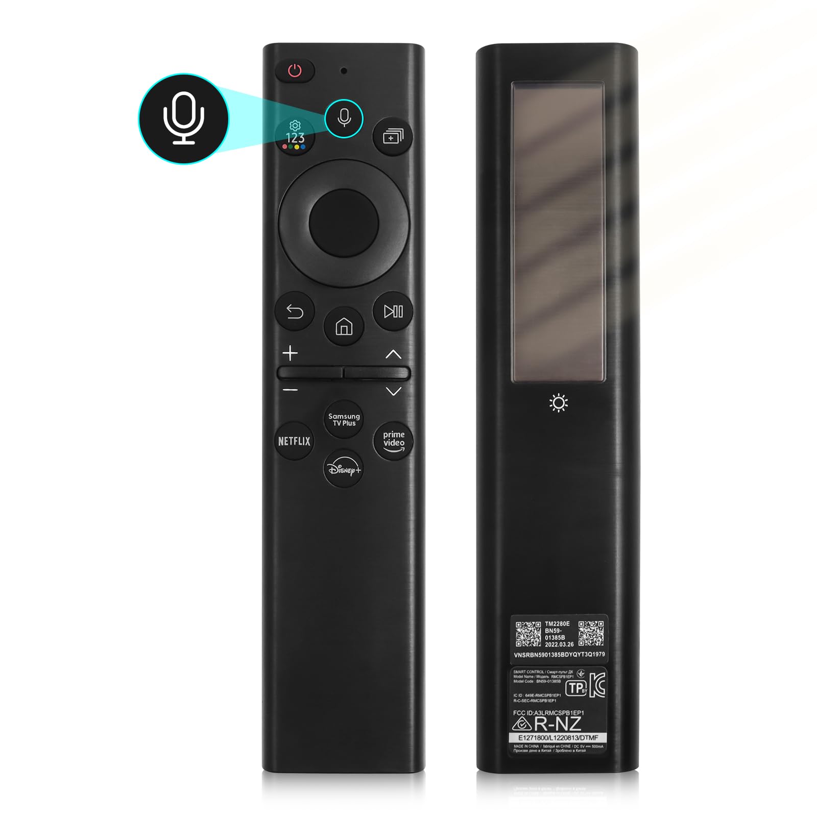 ExploreHome BN59-01385A solar remote side view with USB-C port.