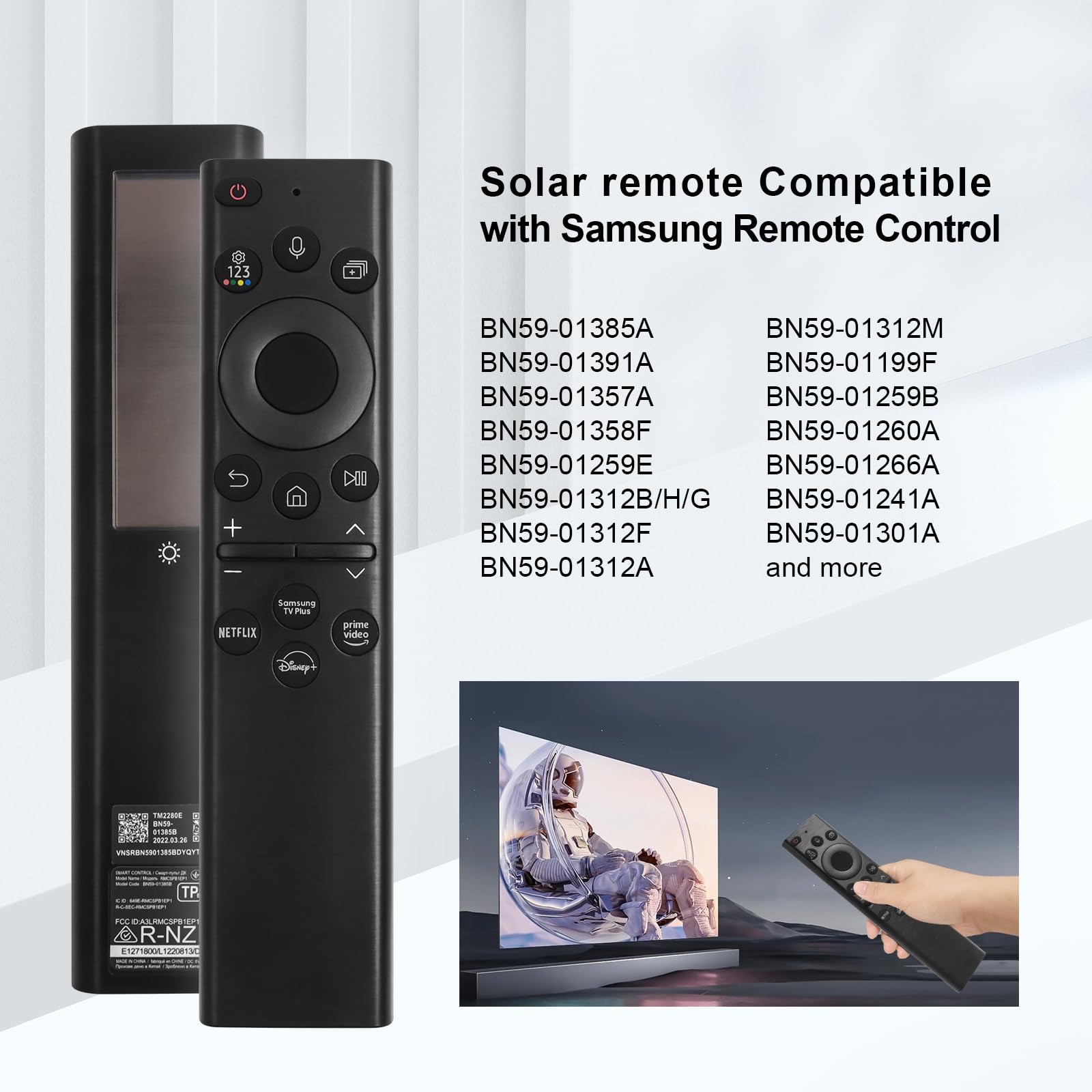 ExploreHome BN59-01385A voice remote in use, one-touch streaming.
