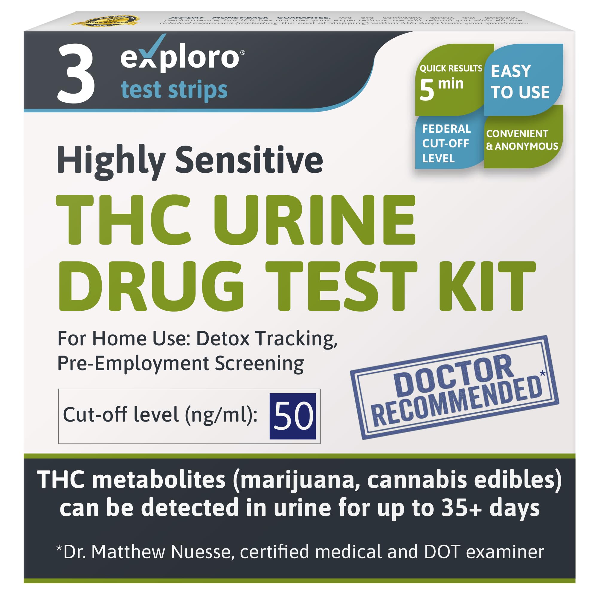 Exploro 3-pack marijuana test kit box for at-home screening.