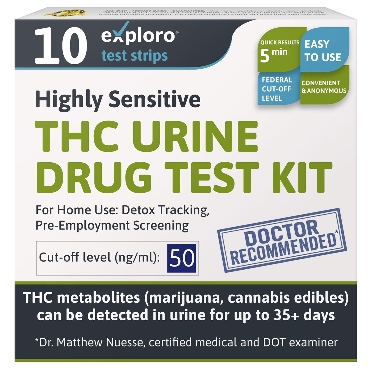 Exploro Marijuana Urine Test Kit box showing credible home-use packaging for easy testing