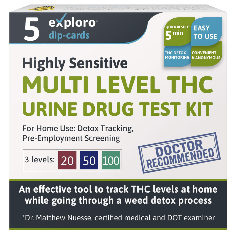 Exploro THC test box and strips for private at-home testing.