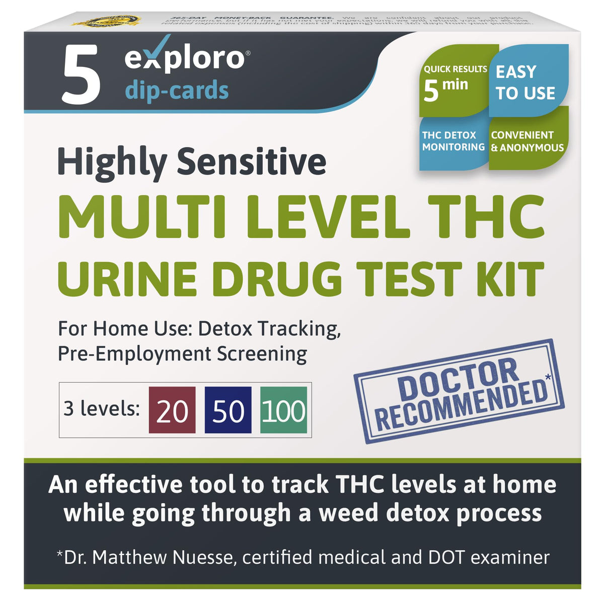 Exploro THC test box and strips for private at-home testing.