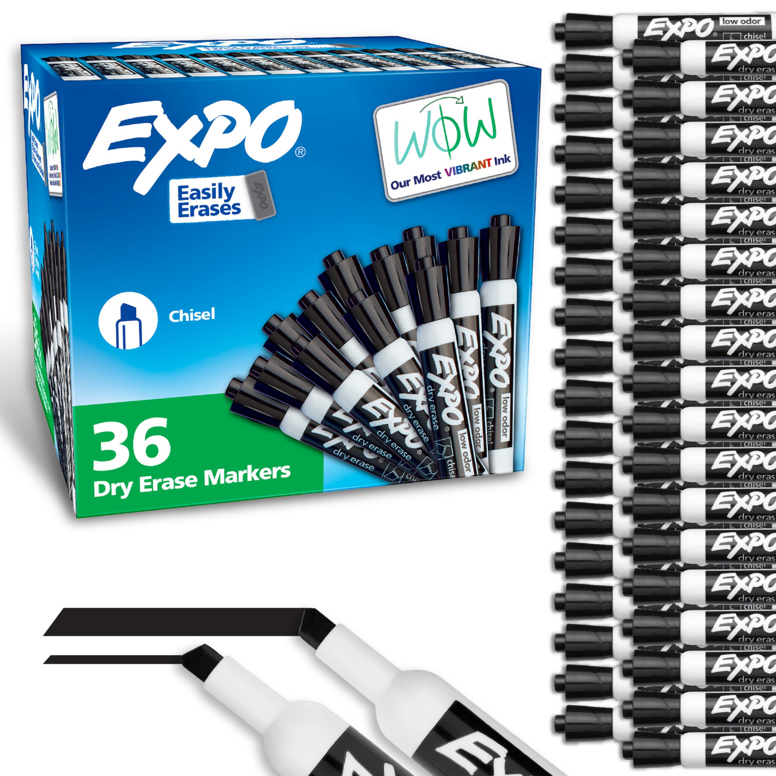 EXPO dry erase markers with chisel tip for versatile bold lines on whiteboards.