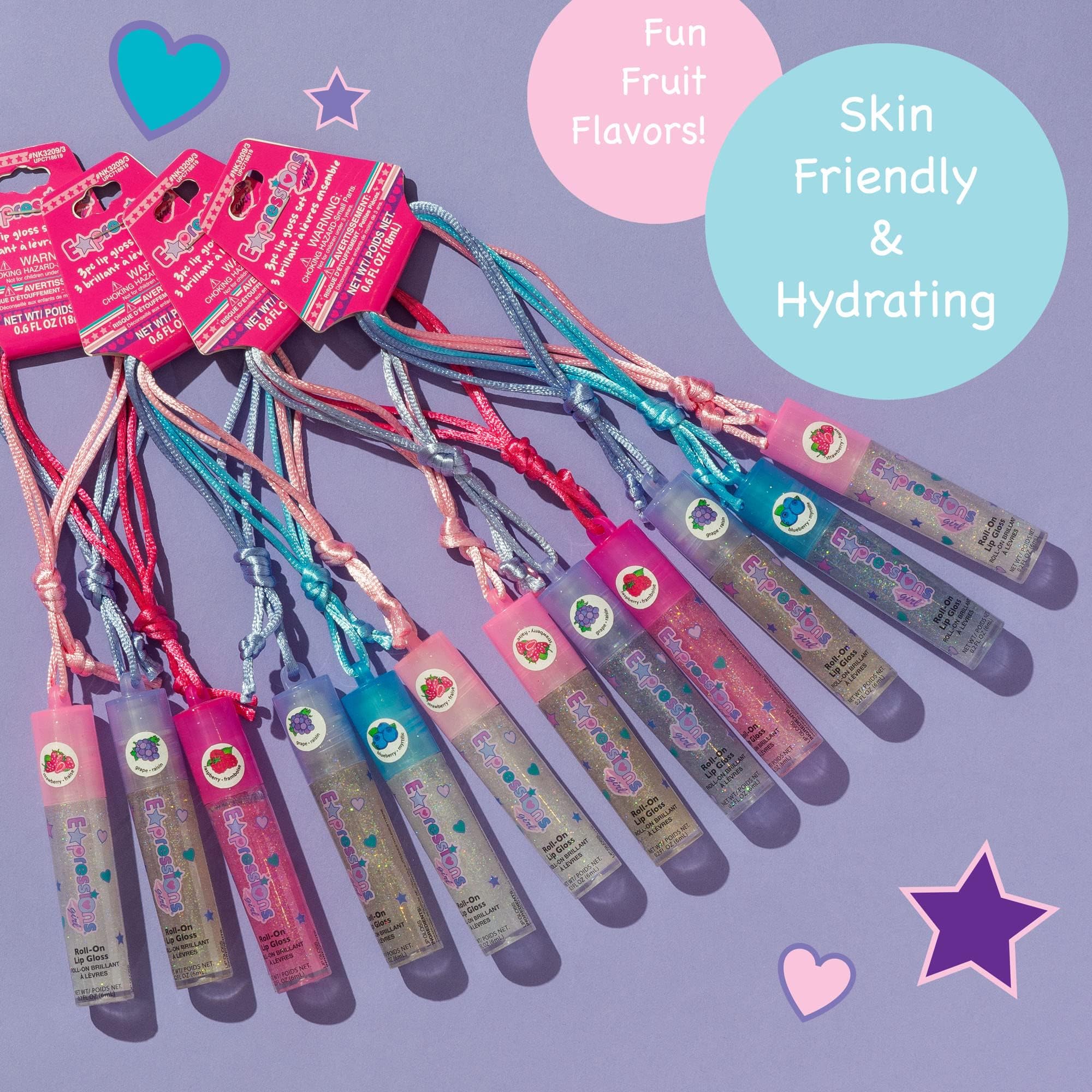 EXPRESSIONS fruit-flavored gloss bottle closeup, inviting scents and glossy finish.