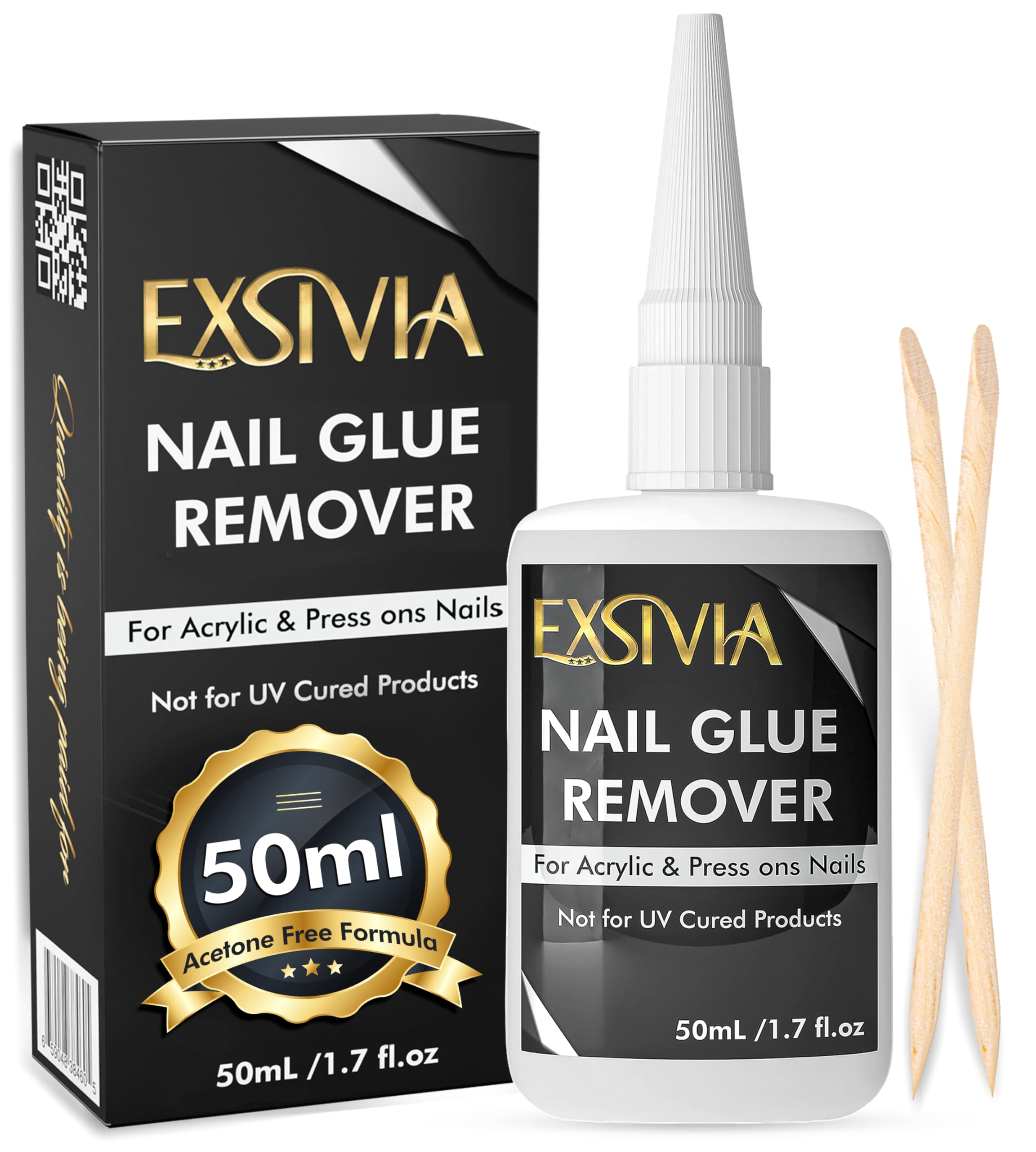 EXSIVIA Nail Glue Remover 50ml bottle enables gentle, fast removal of press-on nails.