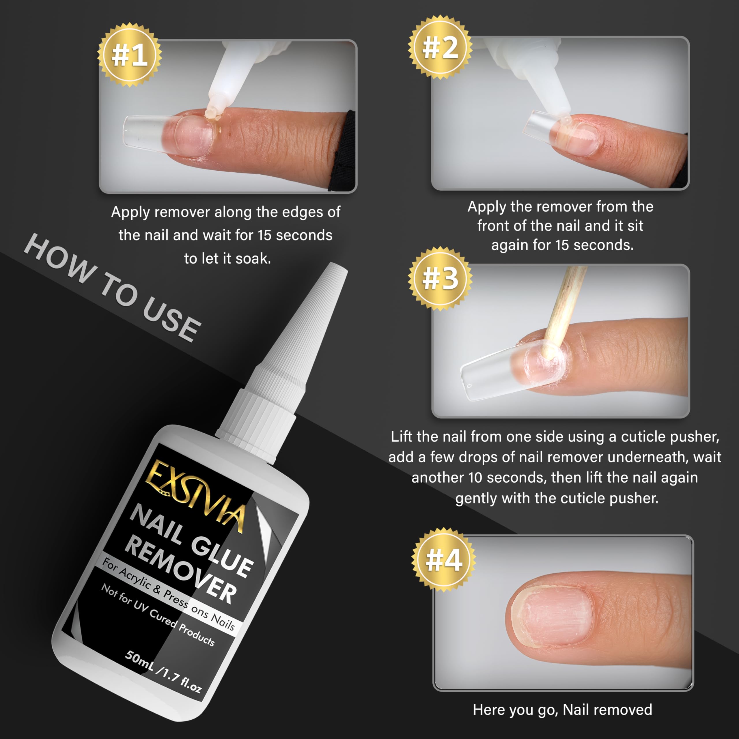 EXSIVIA nail-safe remover protects natural nails and cuticles during removal.