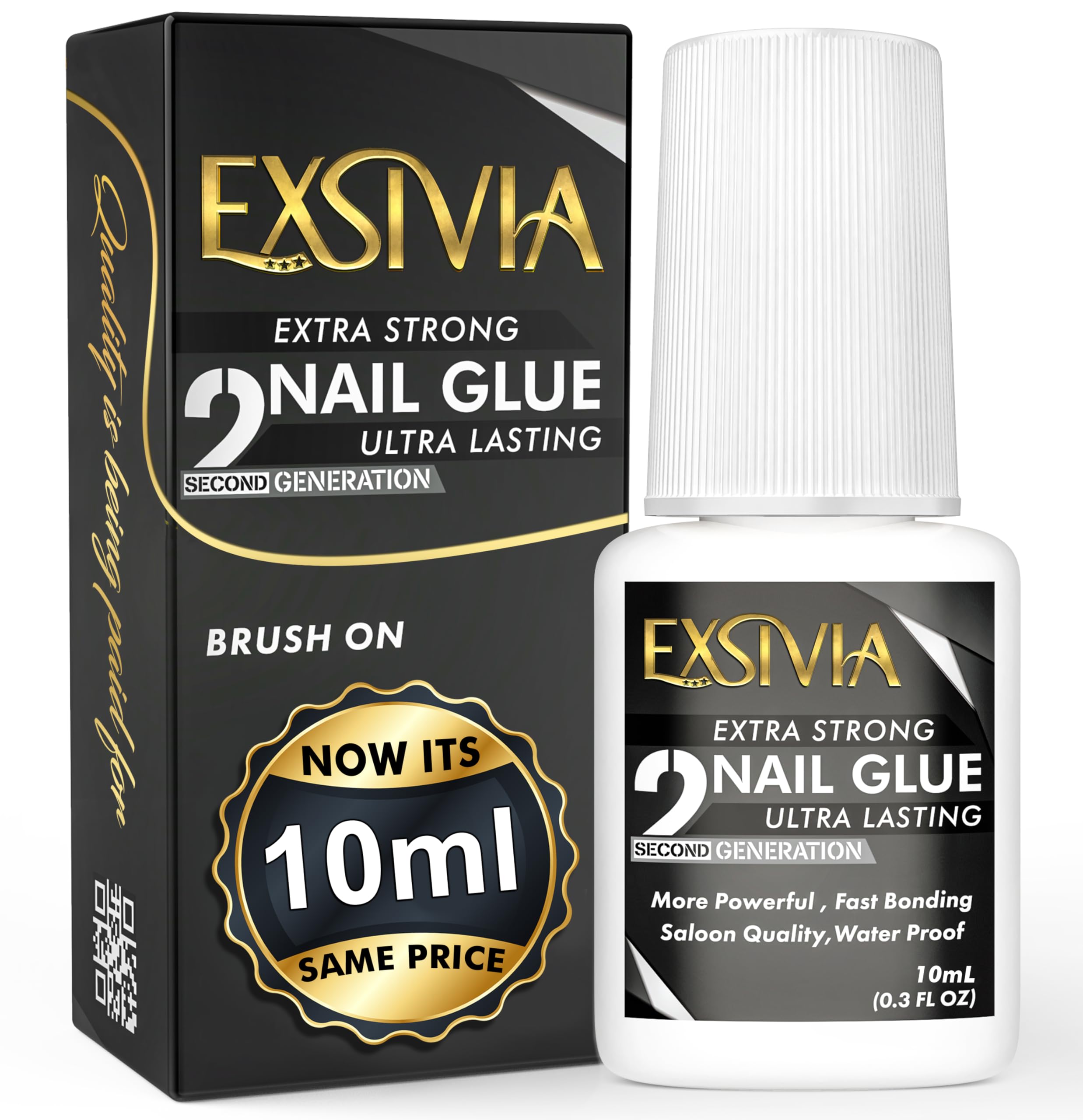 EXSIVIA bottle close-up shows thick mess-free nail glue for precise application