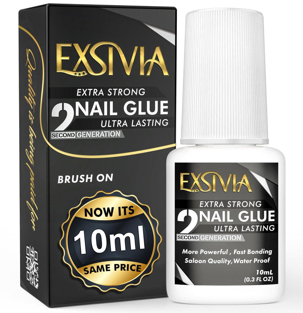 EXSIVIA bottle close-up shows thick mess-free nail glue for precise application