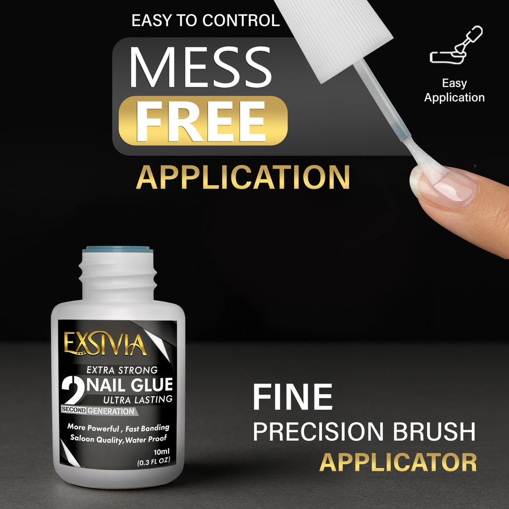 EXSIVIA nail glue applied to nails with clear, non-yellowing finish