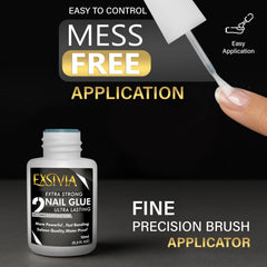 EXSIVIA nail glue applied to nails with clear, non-yellowing finish