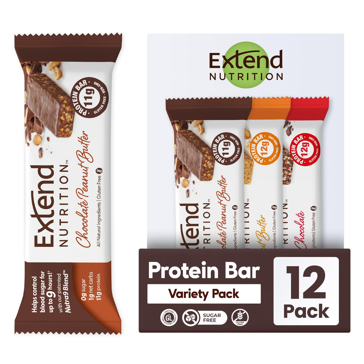 Extend Bar Rich Chocolate front packaging—low sugar and protein snack option.