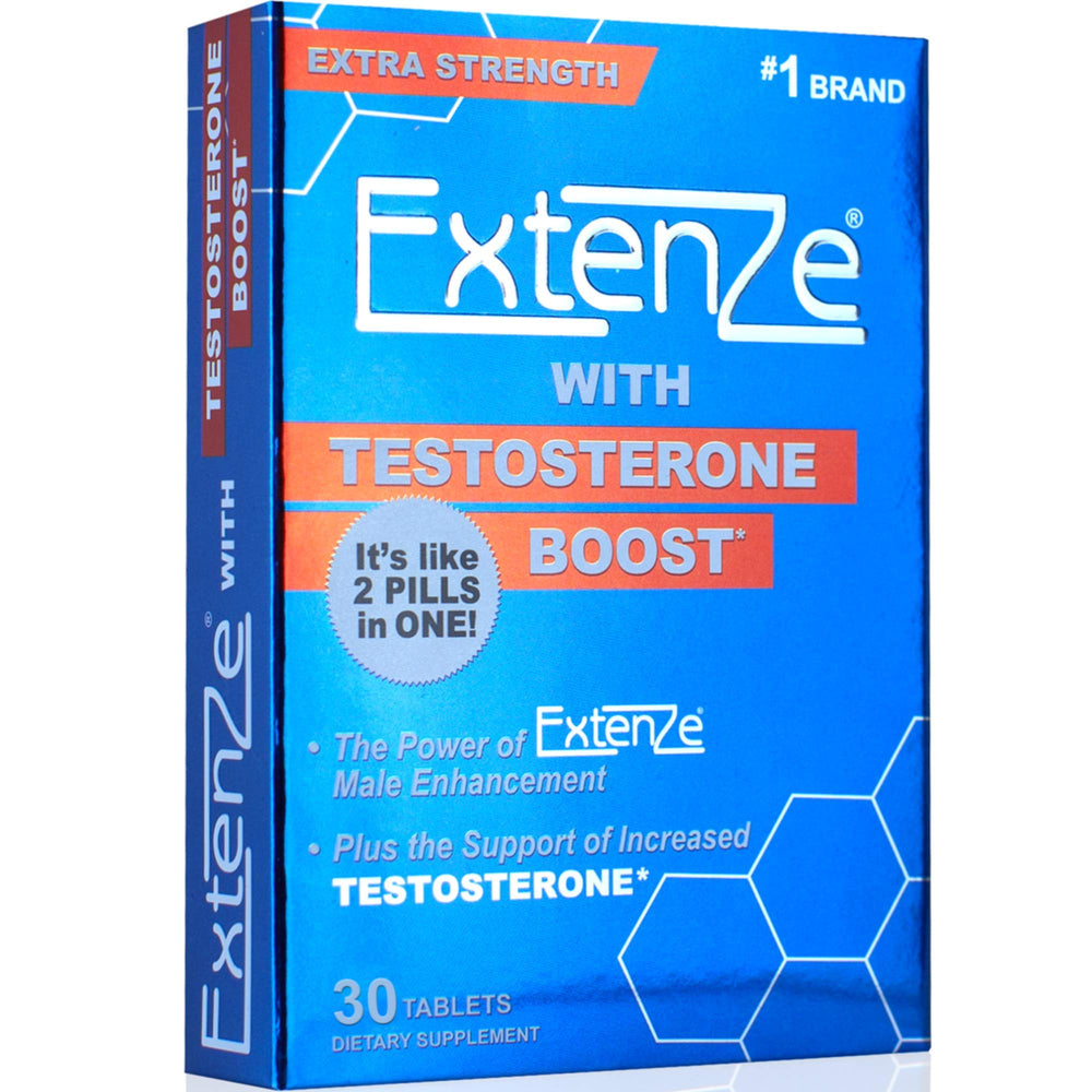 ExtenZe Testosterone Boost bottle packaging hints at energy and focus.