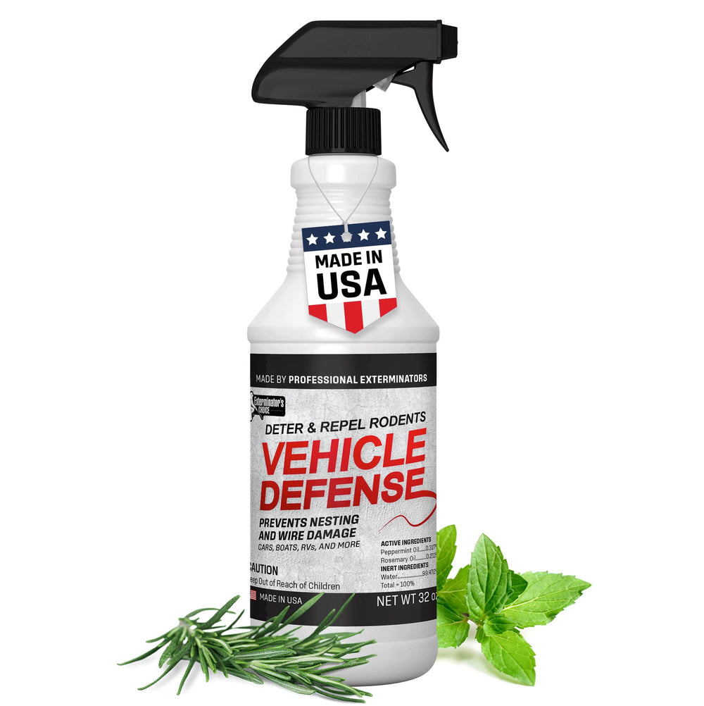 Exterminators Choice Vehicle Defense Spray bottle protects car engine from critters.
