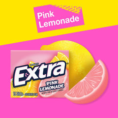 Extra Pink Lemonade Gum stick closeup emphasizes sugar-free sweetness and fruity aroma.