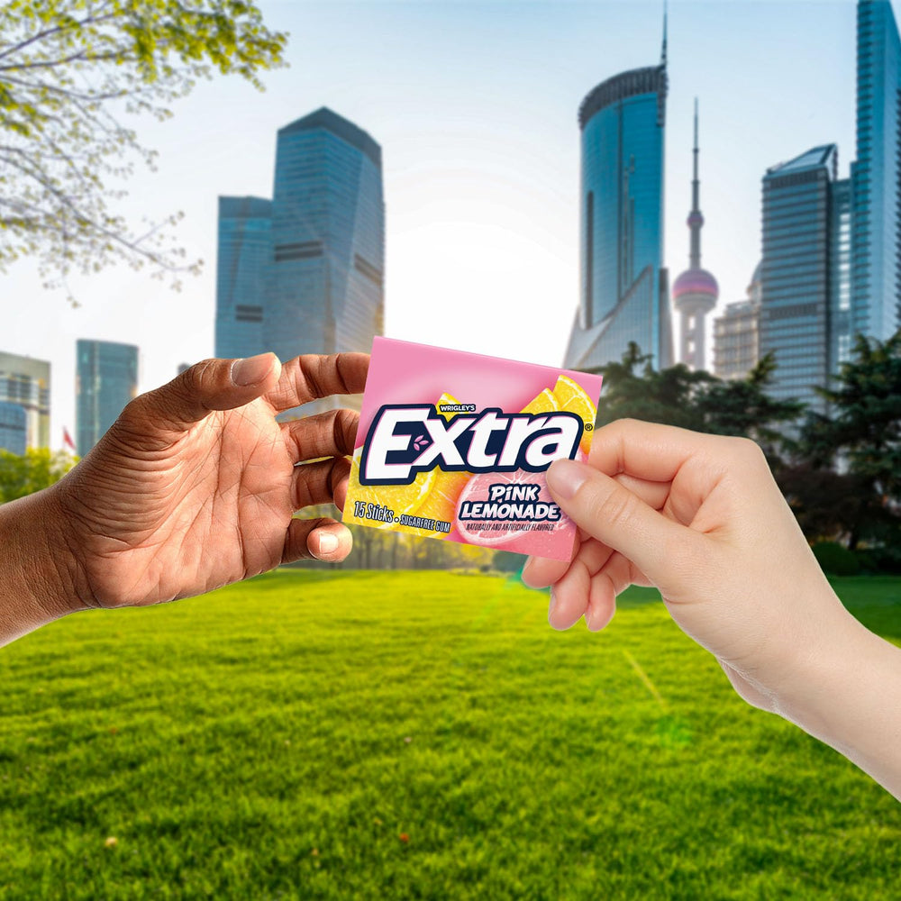 Extra Pink Lemonade Gum travel case demonstrates convenient on-the-go refreshment.