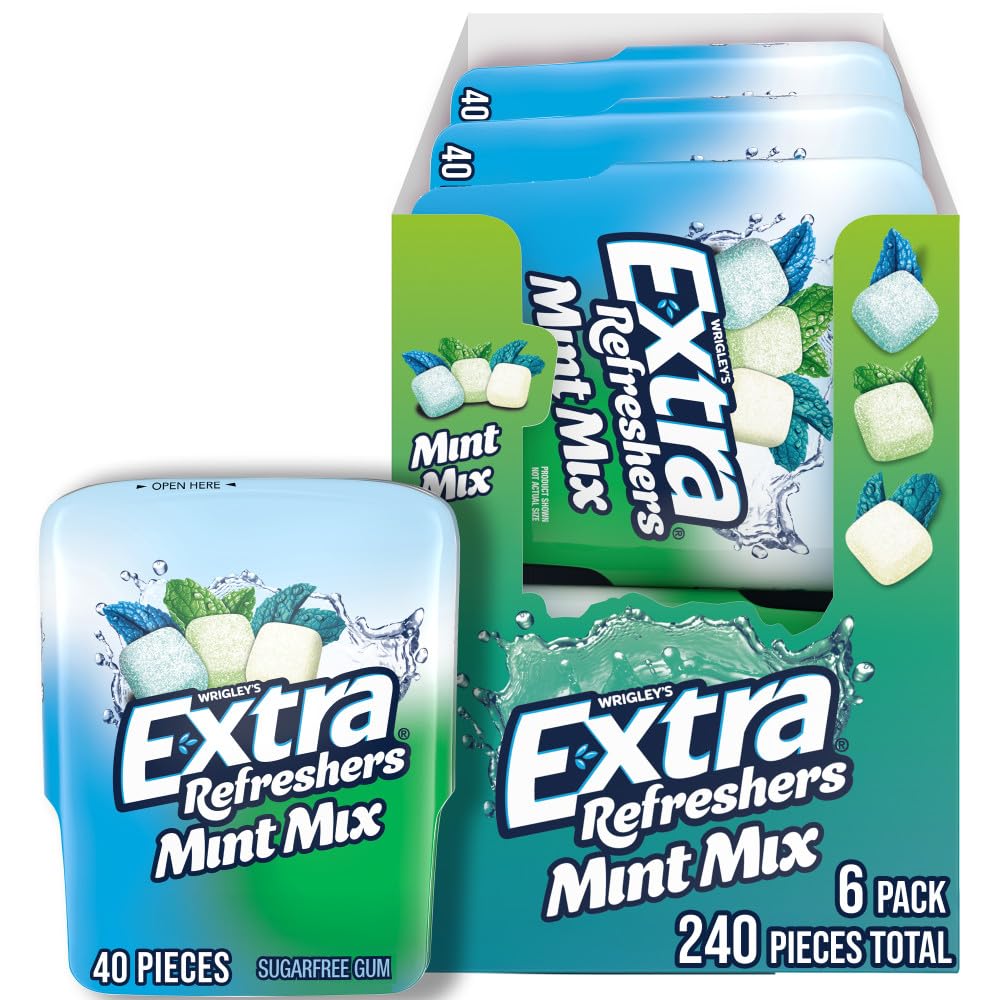 Extra Refreshers Mint Mix Gum bottle front, six-pack bundle keeps breath fresh for busy days.