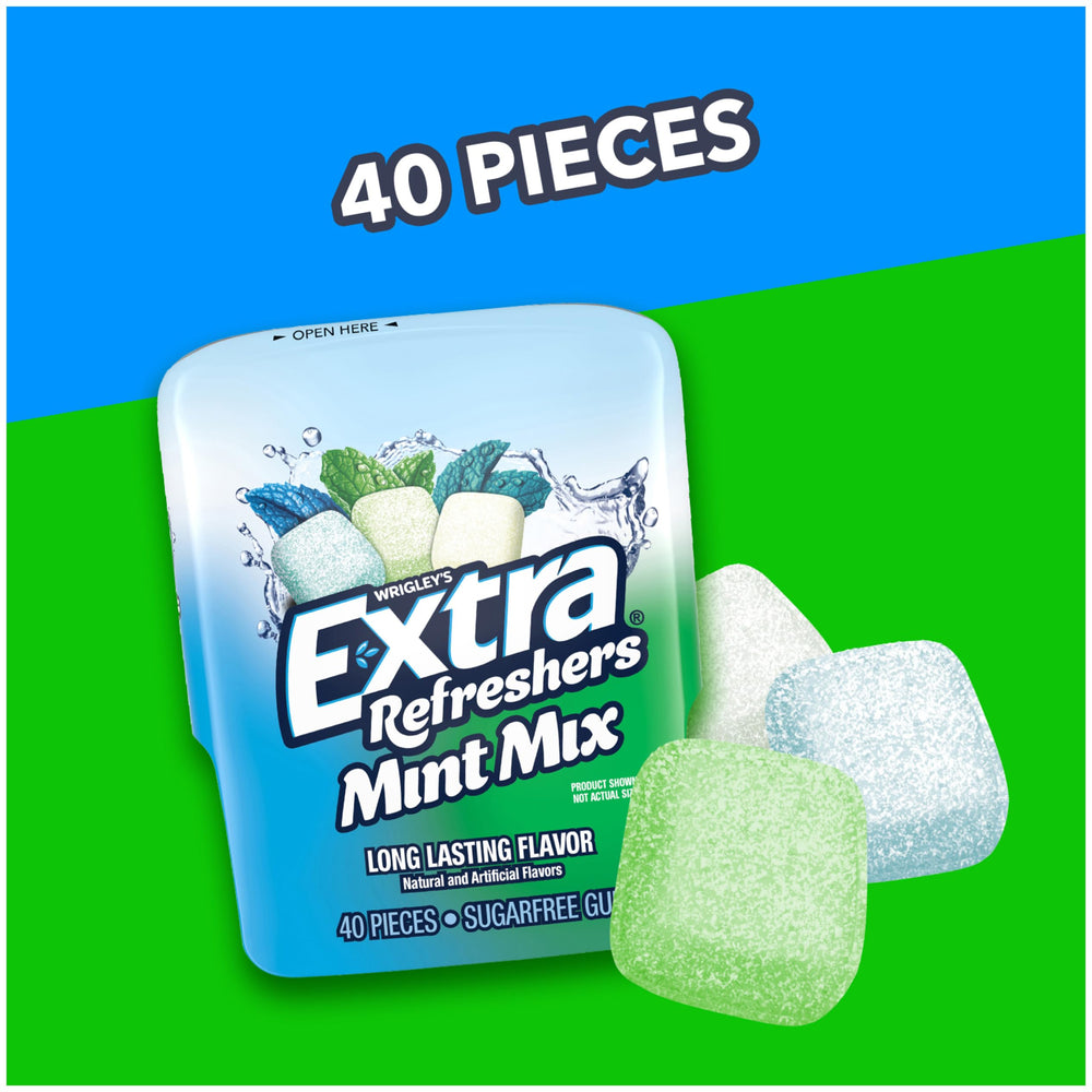 Extra Refreshers Mint Mix Gum piece closeup, three distinct flavors in one chew.