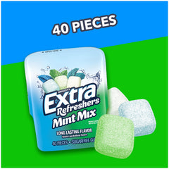 Extra Refreshers Mint Mix Gum piece closeup, three distinct flavors in one chew.