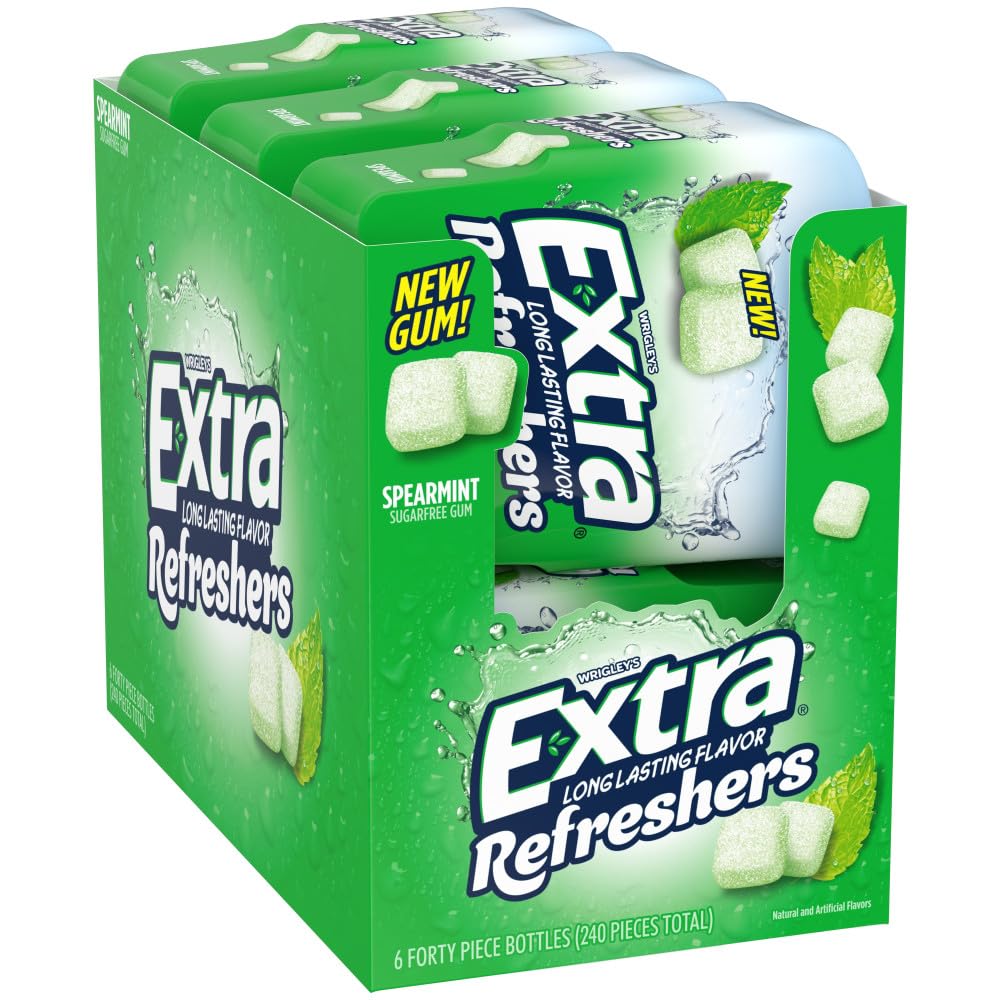 Extra Refreshers Spearmint gum six-pack display for on-the-go freshness.
