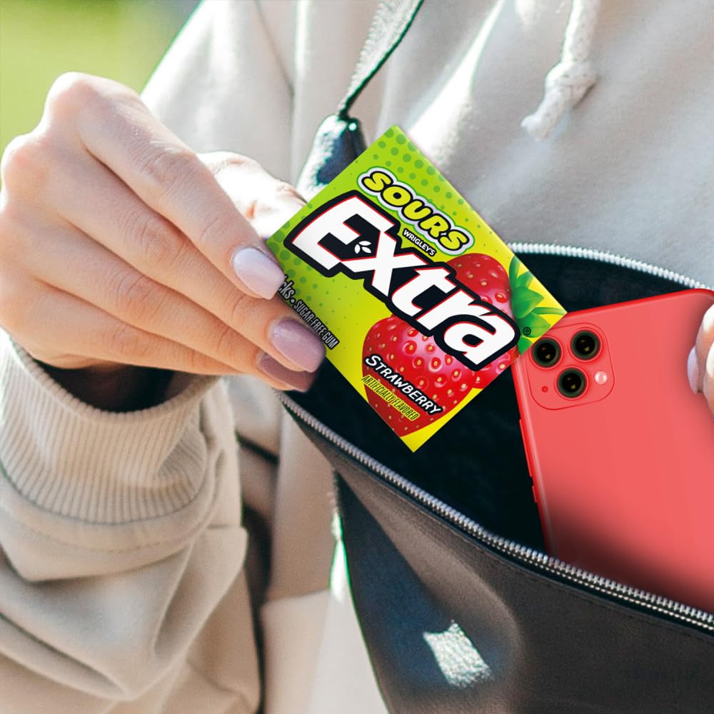 Extra Sour Strawberry stick texture detail showcases chewy bite.